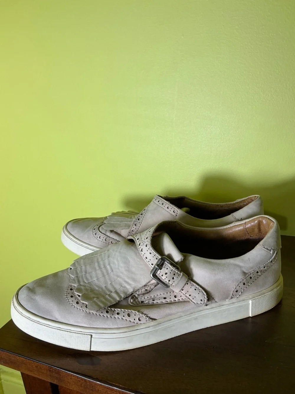 Frye Gemma Fringe Kiltie Buckle Suede Sneakers Grey